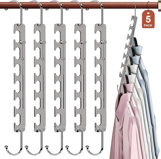 Sindax Space Saving Hangers Telescopic, 6 Holes Clothes Hangers Adjustment to 9 Holes, Upgraded Sturdy Metal Clothes Hangers Space Saving for Heavy Clothes, Closet Organizers and Storage - 5 Pack