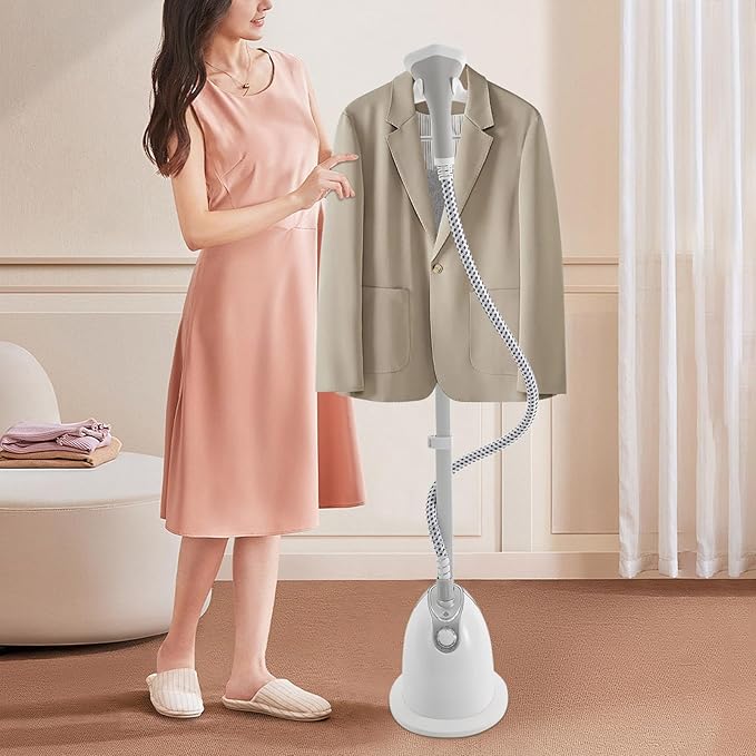 Standing Garment Steamer with Ironing Board,Adjustable Height Standing Steamer - 1.4L Water Tank,Fast Heats in 45s, Double-Insulated Steam Hose (White)