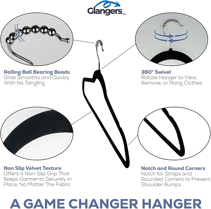 Velvet Clothes Hangers, Innovative Roller Balls Black Velvet Hangers, Felt Hangers for Clothes Shirts, Garments, Non Slip Closet Hangers (Pack of 30)