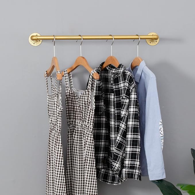 Industrial Pipe Clothing Rack Wall Mounted,Vintage Retail Garment Rack Display Rack Cloths Rack,Metal Commercial Clothes Racks for Hanging Clothes,Iron Clothing Rod Laundry Room (Gold, 31in)