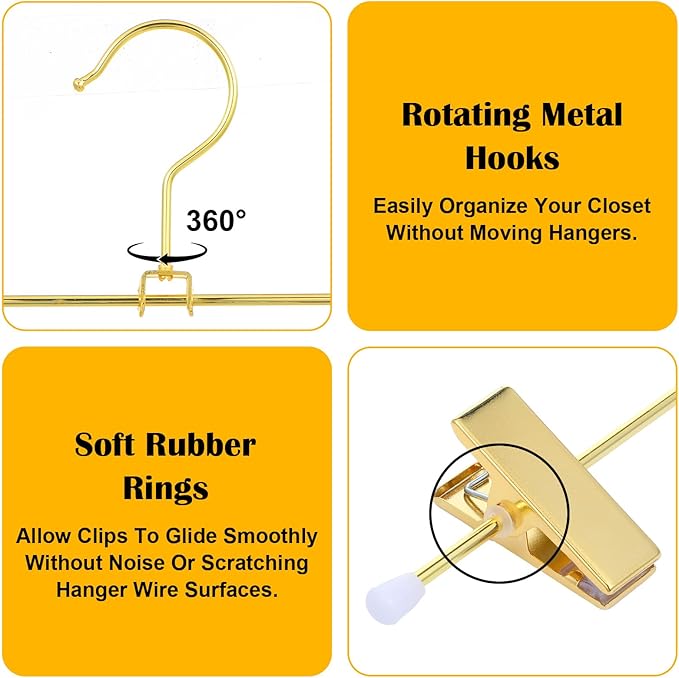 10 Pack Shiny Gold Metal Hangers 12 Inch Gold Pants Skirts Hanger with 2 Adjustable Non Slip Clips and Swivel Hook Sturdy Skirt Hangers with Clips for Skirts Slacks Jean Trousers