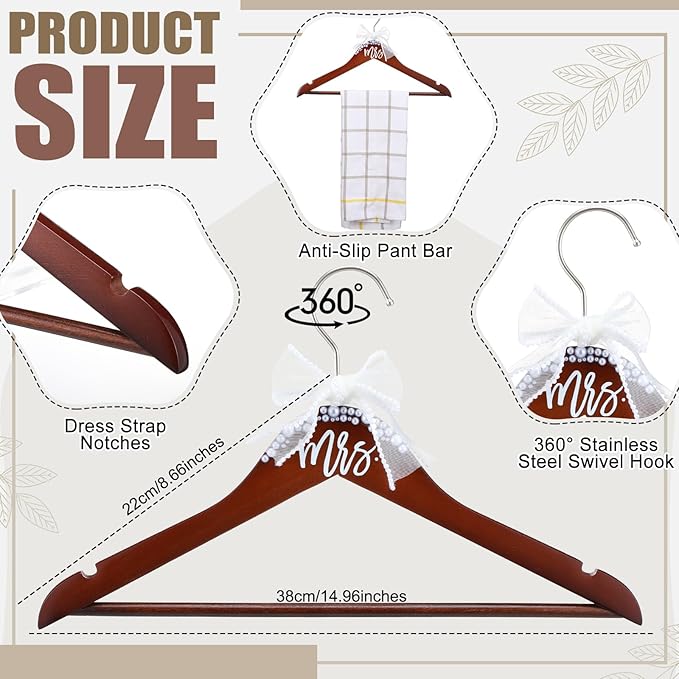 Bride Wedding Dress Pearl Mrs. Hanger with Pearl Ribbon Bow Elegant Wooden Dress Hanger to Be Ideal Keepsake for Wedding Day Gift(Walnut,Mrs)