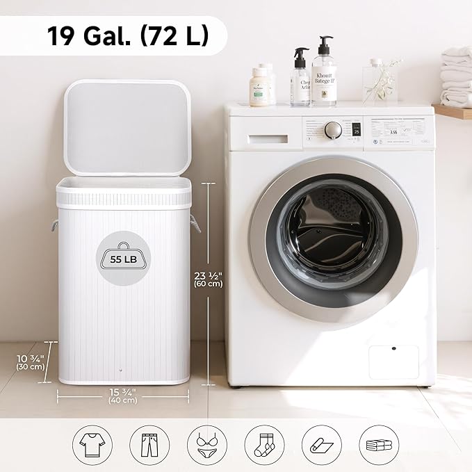StorageWorks Laundry Hamper with Lid, Foldable Bamboo Laundry Basket, Clothes Hamper with Handles, Organizer and Storage for Laundry Room, Bedroom, Dorm, White