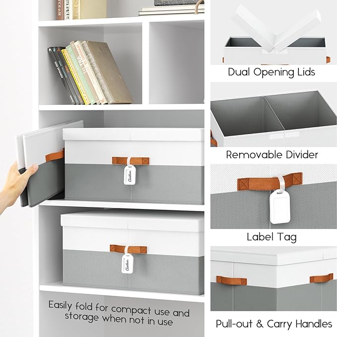 Extra Large Storage Bins - 3 Pack Closet Storage Boxes with Double-Open Lid & Divider Board, Stackable Colthes Storage Organizer, Fabric Basket with Label Tag for Home, Laundry