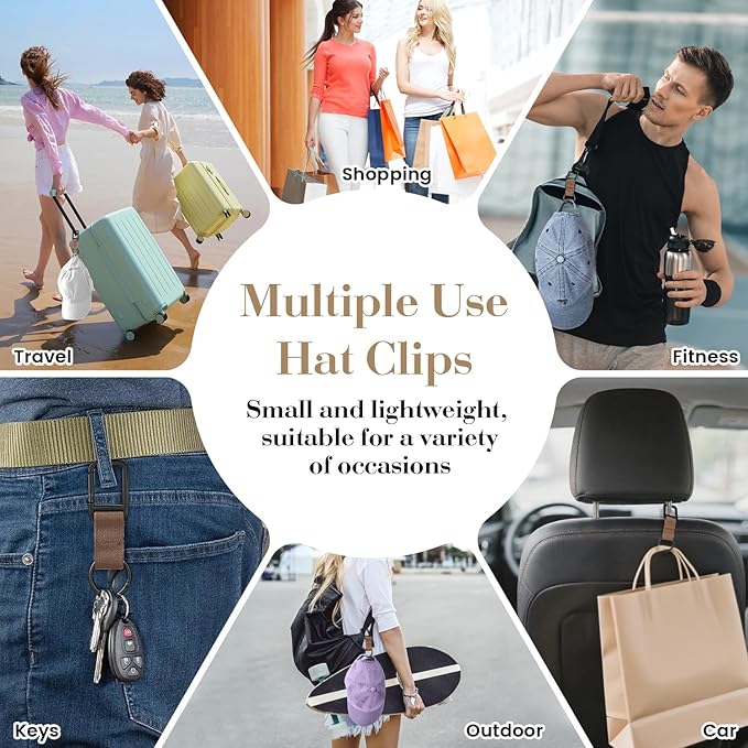 Niveaya Hat Clip for Travel - 2PCS, Stylish Hat Clip for Baseball Cap & Snapback Trucker Ponytail Hat, Sturdy Carabiner with Double Lock for Backpack Luggage Bag, Outdoor Vacation Cruise Essentials