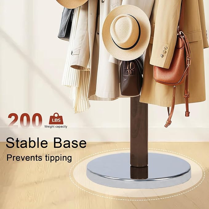 Wooden Coat rack freestanding, Coat racks stand with 6 Hook, Heavy duty coat tree standing Adjustable Heights for Bedroom, Entryway, Hallway, Office, Metal Base (Walnut)
