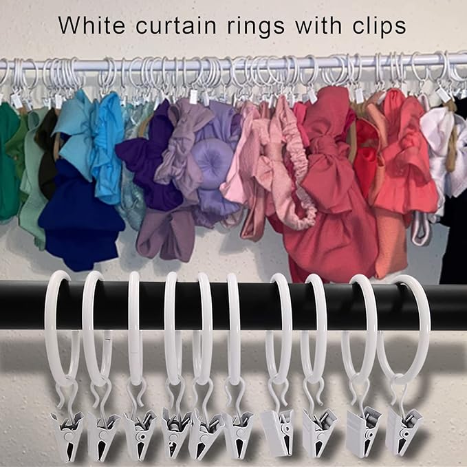 40 Pack White Curtain Rings with Clips, Curtain Hooks Hangers Clip Rings for Hanging Drapes Bows Hat, Drapery Rings 1.5 in I D, Fits up to 1.2 in Diameter Curtain Rod.