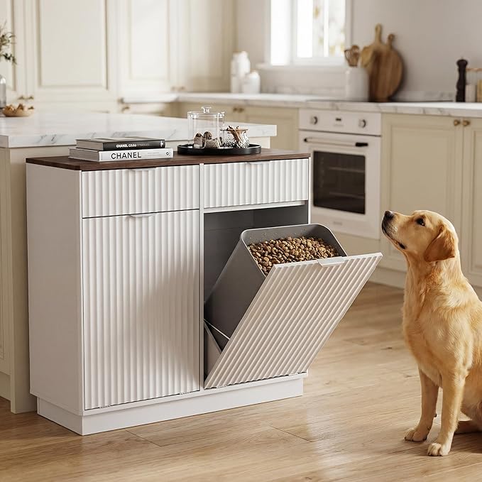 Double Tilt-Out Trash Cabinet, Laundry Hamper Cabinet with 2 Drawers, 39.4W x 34.3H x 13.8D inches, Walnut+White, Wave-Textured Front.