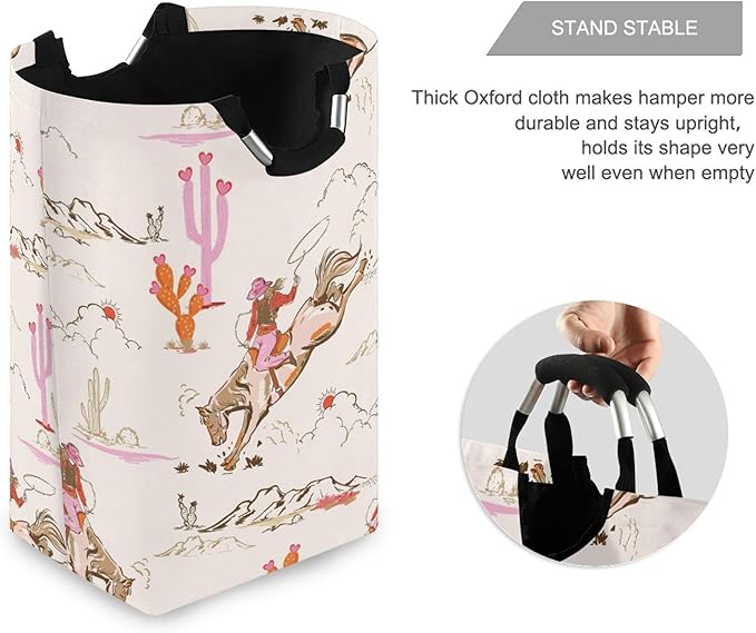 xigua Cute Rodeo Cowgirl Large Laundry Hamper with Handle, Foldable Clothes Hamper Collapsible Storage Basket for Toys and Clothes Organization in Bedroom, Bathroom, and Laundry Room