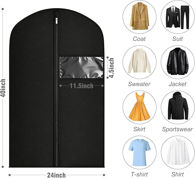 24 Pack Garment Bags for Hanging Clothes,40-inch Suit Cover Bags for Men Closet Storage Bags for Dresses, Shirts, Fur Coats, Dance Costumes - Hanging Suit Cover with Zipper and Clear Window