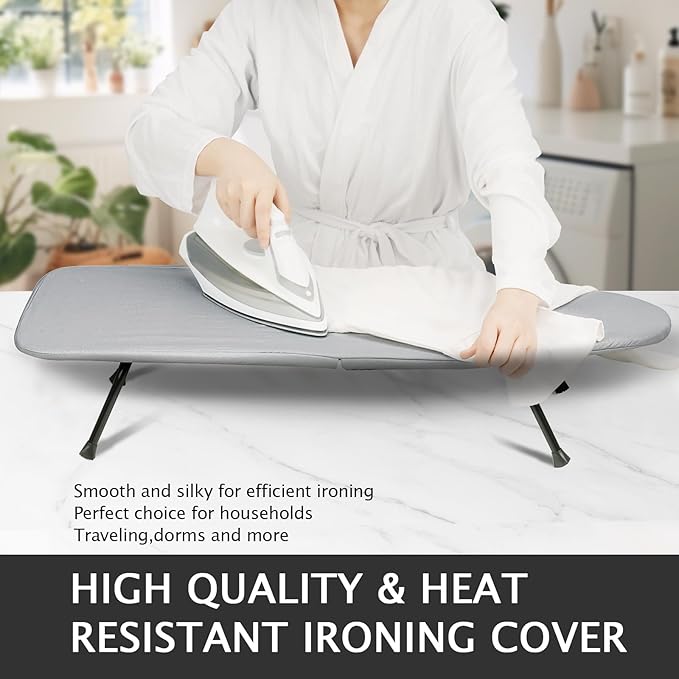 SheeChung Small Ironing Board 12"X32",Mini Ironing Board with Removable Cover and Pad,Portable Folding Non-Slip Feet Tabletop Board for School Apartment Laundry Rooms,Compact Space-Saving,Silver Grey