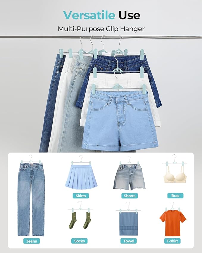 Pant Skirt Hangers with Clips 50 Pack - Space Saving Stackable Shorts Hangers with Clips - Non-Slip, Adjustable for Women, Kids, Men, Children, Blue