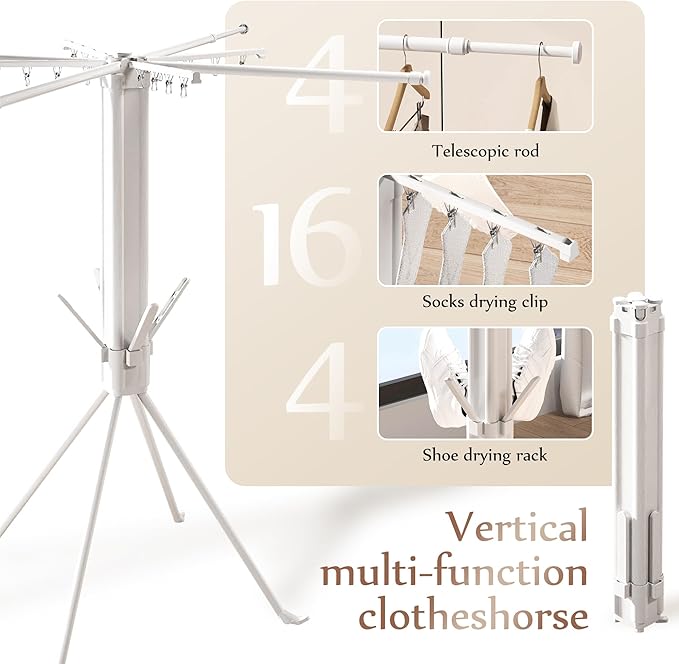 Four-Legged Clothes Drying Rack, Foldable & Collapsible Laundry Drying Rack, Drying Rack Clothing with Sock Clips & 4 Shoe Holders, Space-Saving Rack for Indoor and Outdoor Use