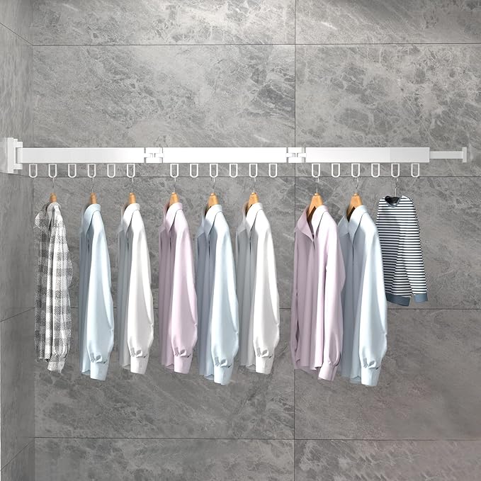 MIFXIN Clothes Drying Rack Foldable Wall Mounted Retractable Laundry Clothing Hanging Rack Collapsible Tri-Fold Space-Saving Clothes Hanger for Laundry Balcony Room (White)