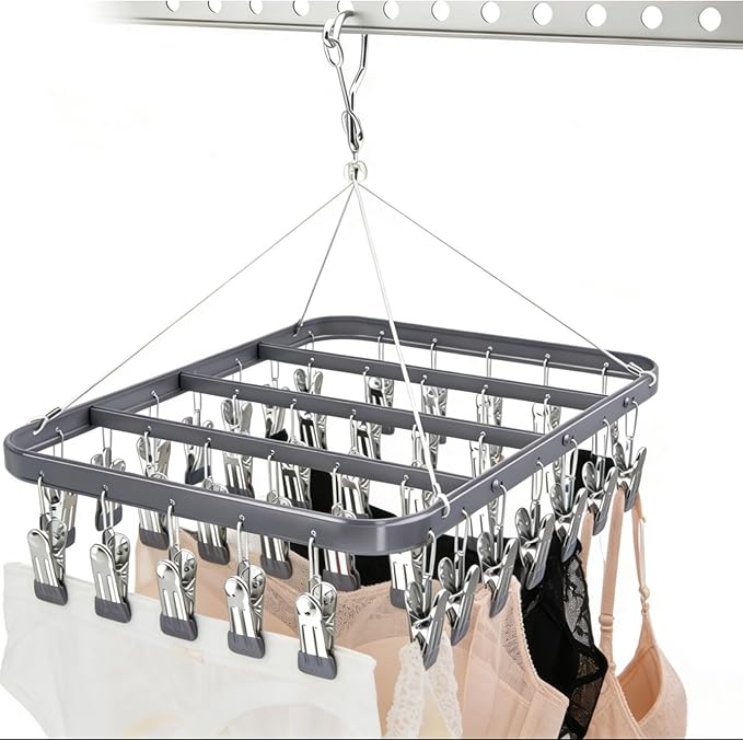 Clothes Drying Racks Clip Hangers Metal with 36 Clips Windproof Hook Underwear Hanger Foldable Laundry Clip for Socks Bras (Grey)
