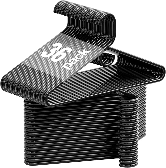 Heavy Duty Plastic Hangers 36 Pack, Black Plastic Hangers for Standard Size Clothes with Hook & Non-Slip Pants Bar for Shirts, Pants, Coat, Dresses, Jackets, Scarves and Belts