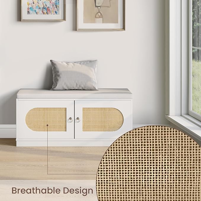 2-Tier Rattan Shoe Storage Bench, 39.4" W Shoe Bench with Padded Seat Cushion, Entryway Bench with Handles, 2 Doors, Adjustable Shelf for Living Room, Bedroom, Front Door, Hallway - Natural
