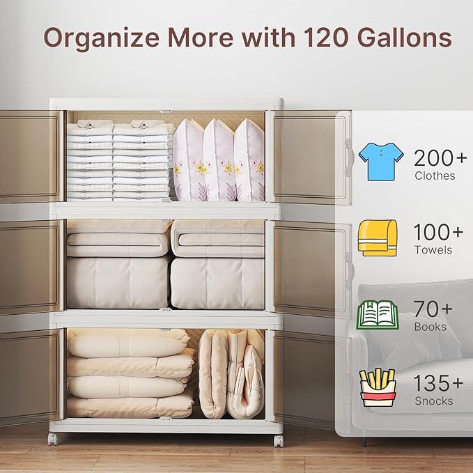 Extra Large Stackable Storage Bins, Lockable Storage Bins with Lids, Folding Storage box with Doors and Wheels, Collapsible Plastic Drawers for Home, Garage, Office (6, White, Extra Large)
