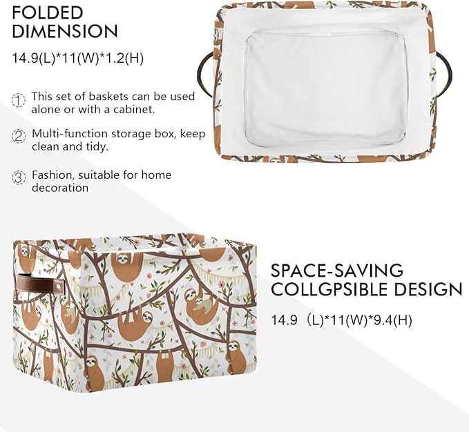 Sloth Storage Basket Square Collapsible Laundry Hamper Clothes Toys Storage Bin with Handles for Bedroom, Closet, Nursery, Dorm, Home Decor