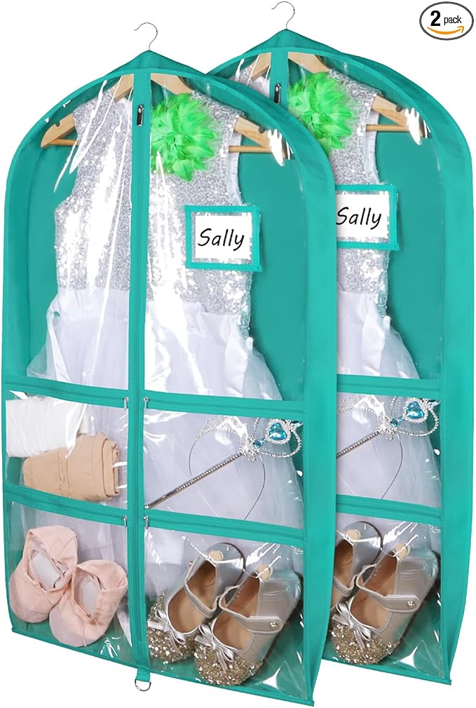 Syeeiex 3" Gusseted Dance Costume Garment Bag(2 Pack), 40'' Dance Garment Bags for Dancers with 4 Zipper Pockets & Can Hold 1-3 Dance Costumes - Suitable for Dance Competitions, Ballet(Green)