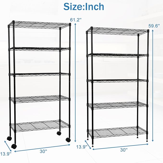 YRLLENSDAN 5-Tier Heavy Duty Storage Shelving Unit, Metal Shelves for Garage, Pantry, Kitchen Organization – Adjustable Wire Rack Shelf Organizer, 60"x30"x14", 1250lbs, Black