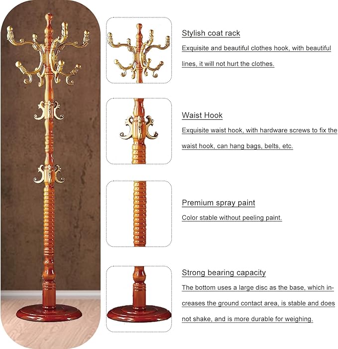Coat Rack Freestanding, Wooden Coat Tree Stand with 14 Hooks, Easy Assembly with Stable Disc Base for Bedroom, Hallway, Entrance Office for Hats, Coats, Scarves (Begonia color)