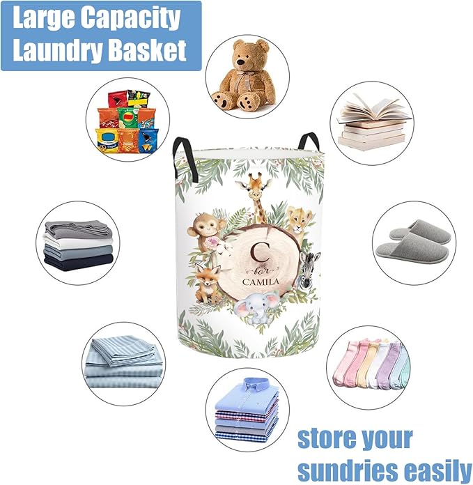 Personalized Baby Name Hamper with Name, Custom Laundry Baskets for Toddler Adults, Customize Woodland Animals Baby Boys Laundry Hamper Storage Organizer 2 Sizes for Nursery