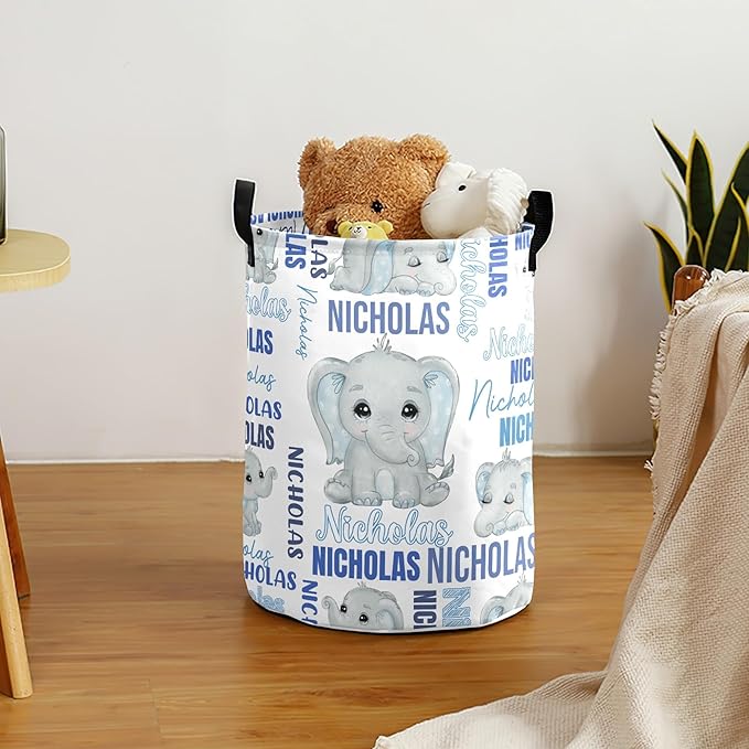 Large Custom Name Laundry Hamper, Elephant Personalized Dirty Clothes Hamper Storage Basket with Name for Bathroom Bedrooms, Customized Name Circular Hamper with Handles for Baby Boys Girls Men Women