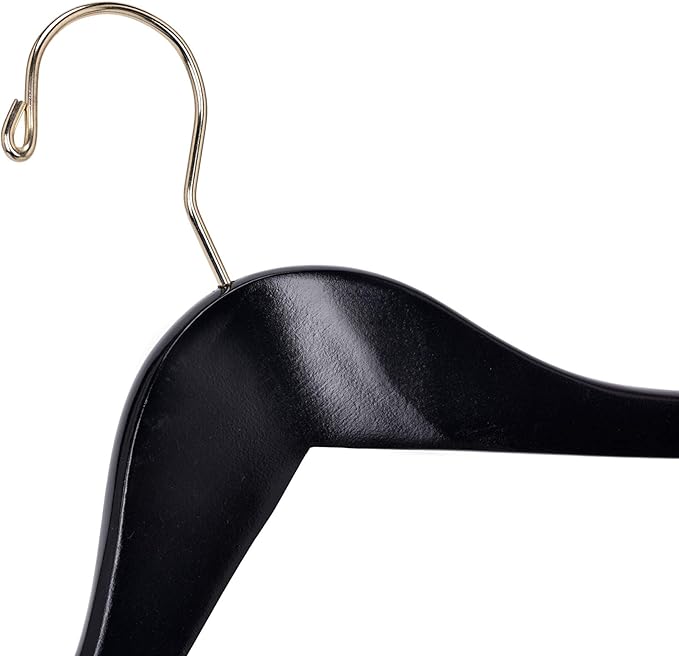 Quality Black Semi Curved Wooden Suit Hangers, 10-Pack Smooth Finish Solid Wood Coat Hanger with Swivel Hook, Jacket, Pant, Dress Clothes Hangers (Black - Gold Hook, 10)