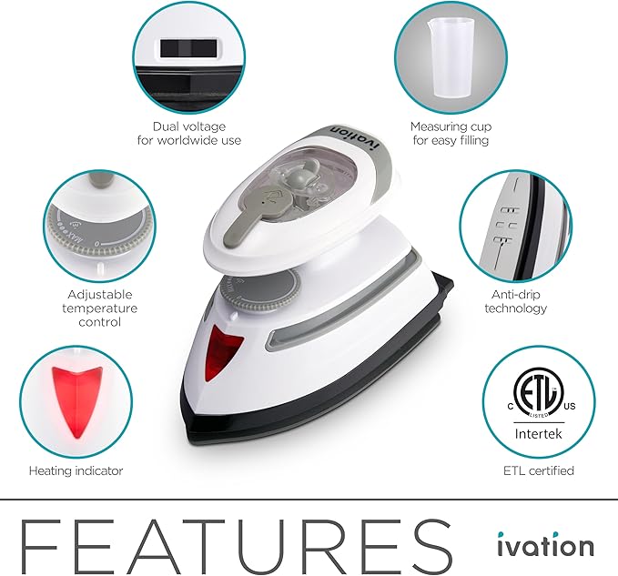 Ivation Travel Steam Iron | Mini Dual Voltage Dry Iron & Clothes Steamer with Nonstick Soleplate, Temperature Control & Indicator Light | Heats in Seconds, Small & Compact, ETL Certified, 1.3 Lbs.