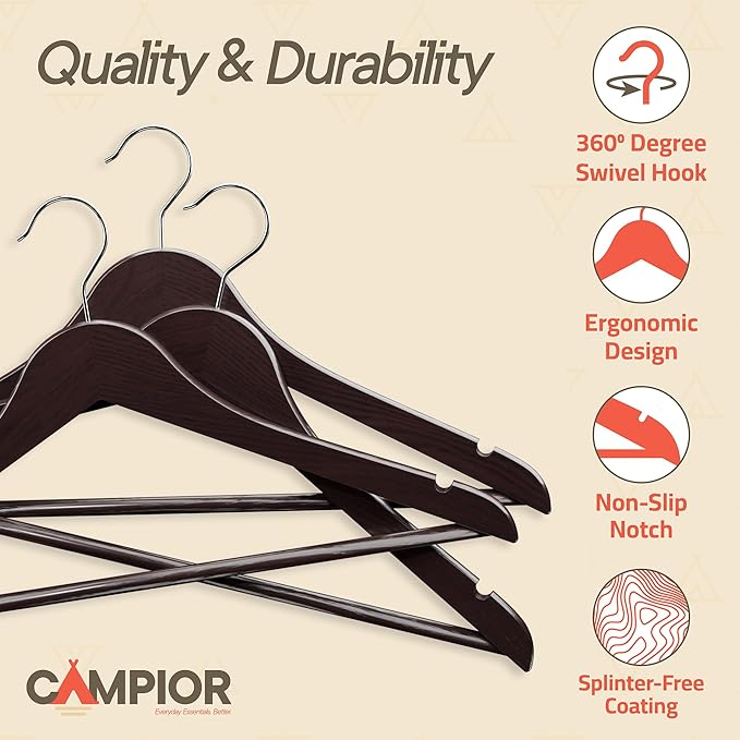 Cherry Wooden Hangers 30 Pack – Heavy-Duty with 360° Swivel Hook, Non-Slip, Pants Bar & Shoulder Grooves - Wooden Hangers for Suits, Jackets, Dresses & Camisoles, Space-Saving and Smooth Finish
