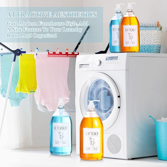Nuenen Laundry Detergent Dispenser for Fabric Plastic Pump Laundry Soap Detergent Dispenser with Lids and 36 Labels for Farmhouse Decor, White 64oz Set of 4(White)