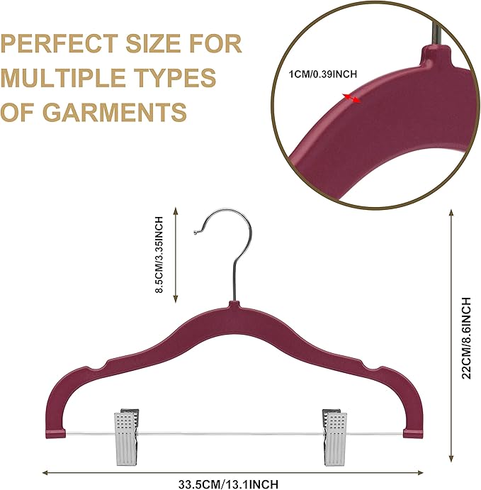 Quality Kids Children Plastic Non Velvet Non-Flocked Thin Compact Skirt Pant Coat Hangers with Metal Clips for Skirts Pants Blouse 360° Swivel Hook, Jacket, Shirt, Legging, Suit Hanger (Raspberry, 10)