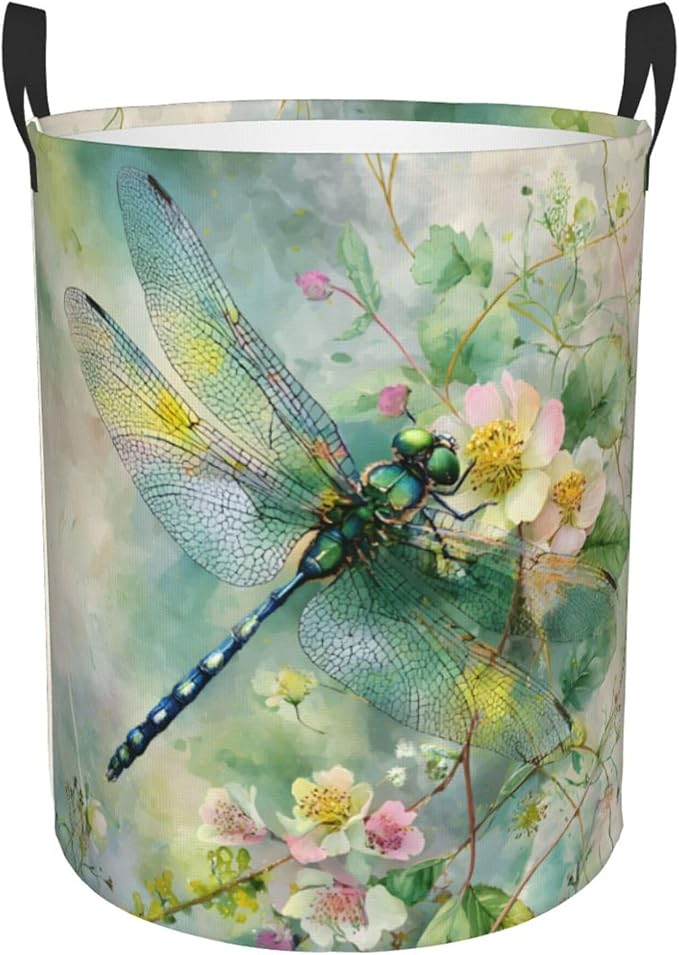 Dragonfly Floral Pattern Laundry Hamper, Collapsible Storage Basket with Handles for Clothes, Bedroom, Bathroom 19.6 x15.7 Inch