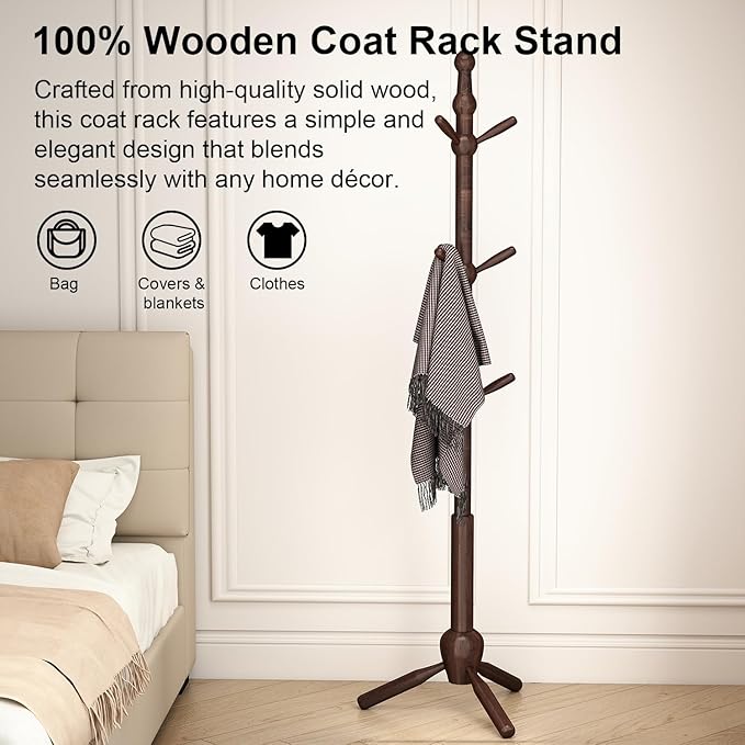 Solid Coat Rack Stand, Coat Rack Freestanding with 9 Hooks and Adjustable 3 Heights, Tree Coat Stand with Triangle Base for Entryway, Bedroom, Hallway, Wood Grain
