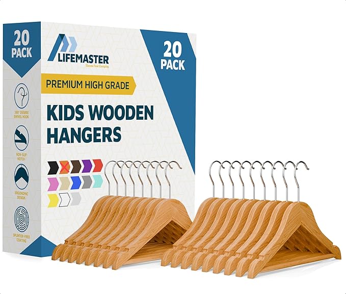 Natural Color Wooden Kids Hangers 20 Pack, Toddler & Baby Wooden Hangers, 11.8" Solid Maple Wood with 360° Swivel Hook, Pants Bar & Notches, Up to 7.7lb Capacity, Space-Saving Design for Ages 0–8
