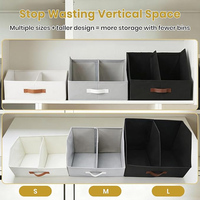 Trapezoid Storage Bin - UPGRADED HEIGHT Closet Organizers And Storage W/ Handles & Adjustable Dividers, Fabric Collapsible Storage Bins For Clothes Storage & Shelf Organizer (3pcs, Medium, Dark Gray)
