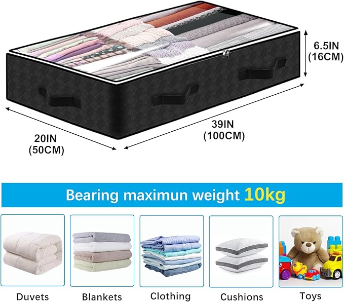 2 Pack Under bed Storage Containers, 90L Large Capacity Bedroom Closet Organizers and Storage Bins Foldable Underbed Storage Bags for Clothes, Blanket, Towels, Comforter, Sweaters, Linen Sheet Black