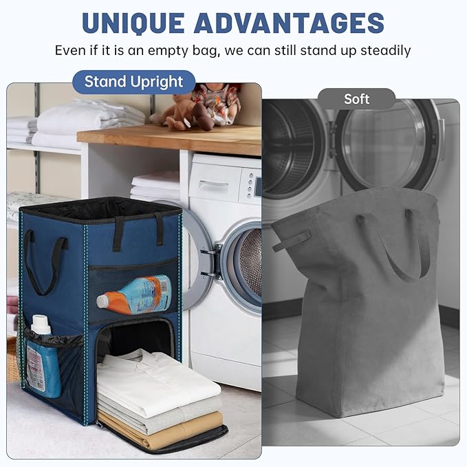 95L Laundry Backpack Bag with 3 Sizes Mesh Wash Bags Empty, Extra Large 2 in 1 Laundry Hamper Basket with Shoulder Straps, Freestanding Laundry Bag for College Dorm, Laundromat, Apartment (Blue)