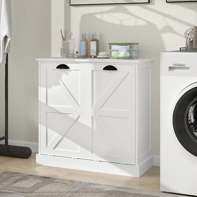 Laundry Hamper Cabinet with Removable Basket, Double Tilt Out Laundry Hamper, Wood Bathroom Storage, Free Standing Home Organizer, White