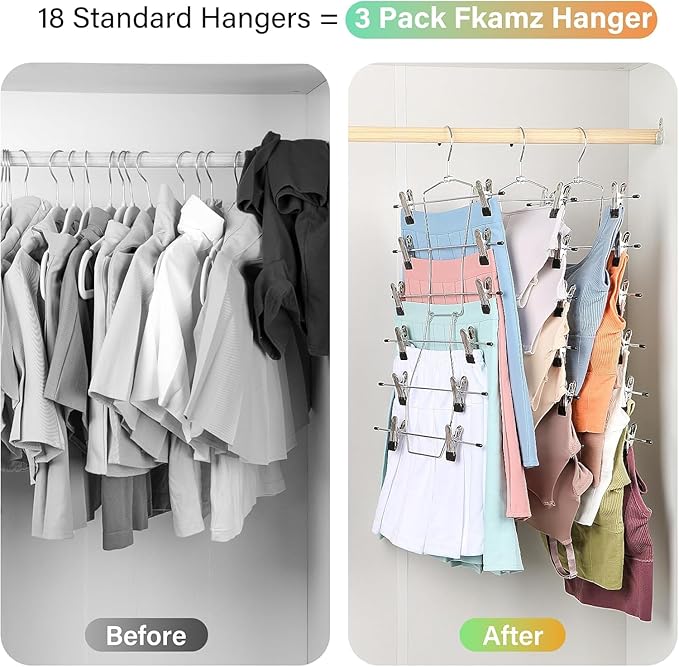 Pants Hangers,Space Saving one Pack Metal 6 Tier with Clips Holds 12 Skirts/Pants/Jeans/Shorts, w/360°Rotating Hook, Skirt Hangers Space Saving Closet Organizers and Storage (2PCS)