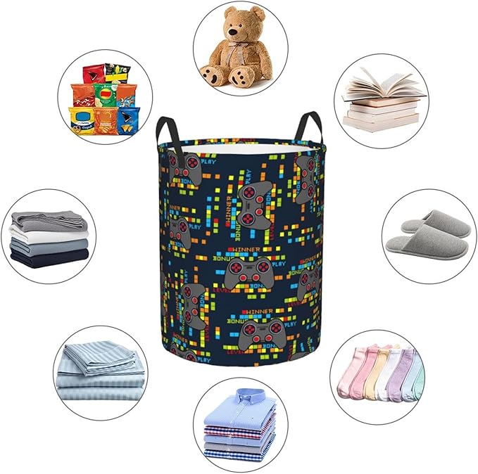 Game Joystick Gaming Pixels Round Laundry Hamper Storage Basket Toys Clothes Organizer Bin For Home Bathroom Bedroom Dorm Nursery, 62l