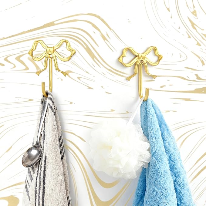 Decorative Bow Wall Hooks, Brass-Gold Metal Coat Hooks for Keys, Jewelry, Clothes, Home Decor - Screw Mounted, Iron Alloy, 2 in X 2.6 in X 0.8 in, 2 Pack (Four Large Sizes)