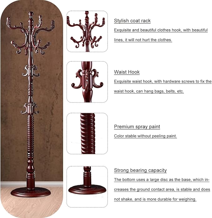 Coat Rack Freestanding, Wooden Coat Tree Stand with 14 Hooks, Easy Assembly with Stable Disc Base for Bedroom, Hallway, Entrance Office for Hats, Coats, Scarves (Mahogany color)