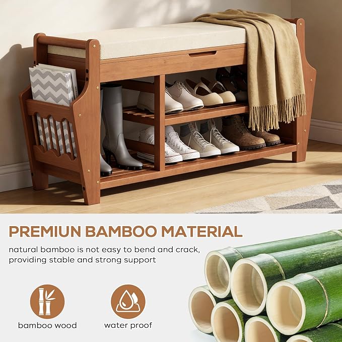 47.2in Shoe Bench Entryway - Bamboo Shoe Rack Bench with Storage, Shoe Rack Organizer with Cushion, 2 Side Holder, Holds Up tp 330lbs for Front Door Entrance, Living Room