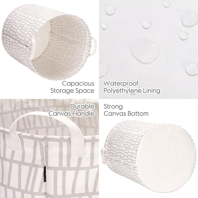 Sea Team 19.7 Inches Large Sized Waterproof Coating Ramie Cotton Fabric Folding Laundry Hamper Bucket Cylindric Burlap Canvas Storage Basket with Stylish Branch Grey Design