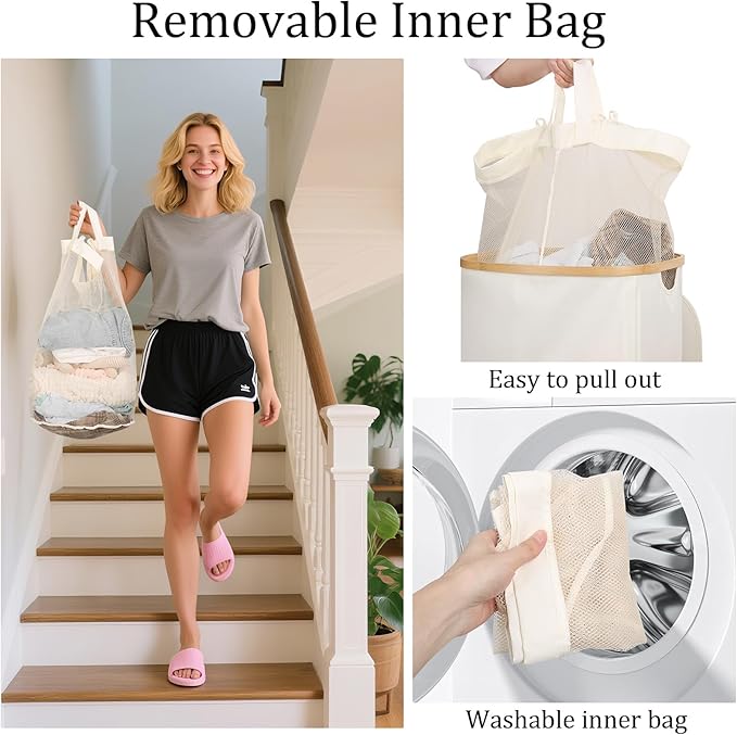 Laundry Hamper with Lid, 100L Clothes Hampers for Laundry with Bamboo Handles and A Removable Bag, Fordable laundry Basket with Lid for Bathroom, Bedroom, Dorm, Laundry Room