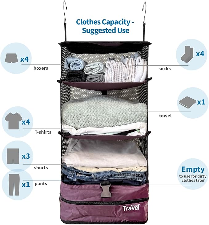 Grand Fusion Stow-N-Go Packing Organizer for Luggage, Portable Hanging Travel Shelves, Carry-On Closet, Hanging Packing Cubes, Collapsible Carry-On Organizer for Cruises & Hotels Burgundy - L