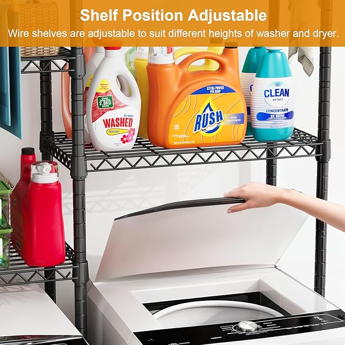 U14 Medium Over the Washer and Dryer Shelves, 4 Tiers Laundry Room Storage and Organizer System, Space Saving Clothes Drying Rack with 2 Clothes Hanger Rods, 57.8"W x 20.5"D x 77.4"H, Black