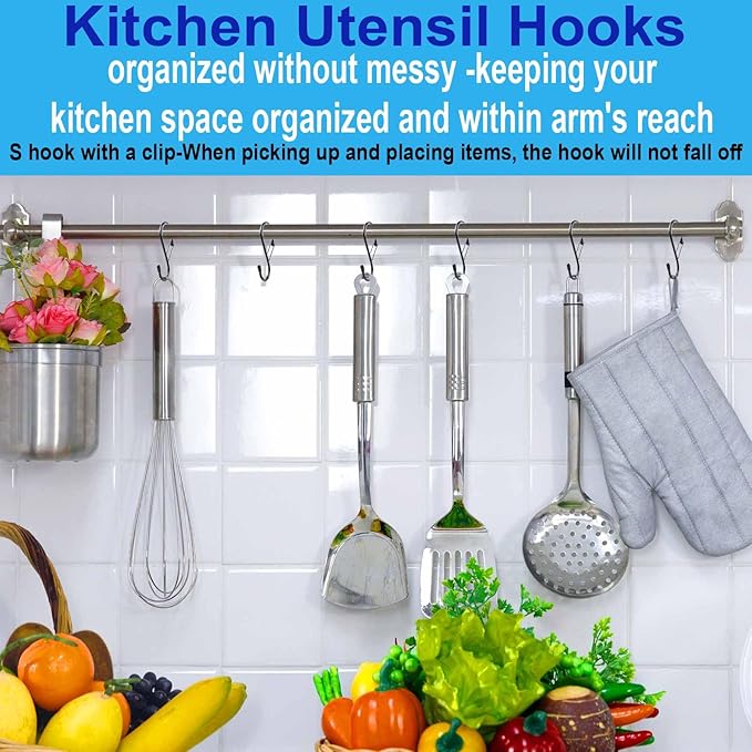 S Hooks for Hanging Plants, 4 Inch Large Heavy Duty S Hooks with Safety Buckle & Stopper Non Slip, 10 Pack Black Metal Closet S Hook for Hanging Clothes, Kitchen Utensil, Jeans, Curtains, Towels, Bag